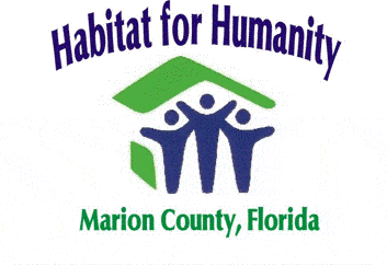 Habitat for humanity Marion County Florida logo. Blue people with a green house logo style.